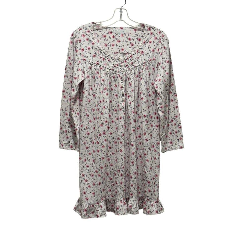 Eileen West Floral 100% Cotton Knit White/Pink Long Sleeve Ruffled Chemise - S - Picture 1 of 8